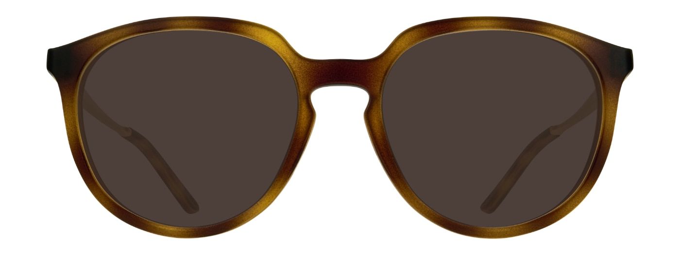 A pair of large round Oakley sunglasses, made of brown tortoiseshell acetate at the front and gold metal along the temples.