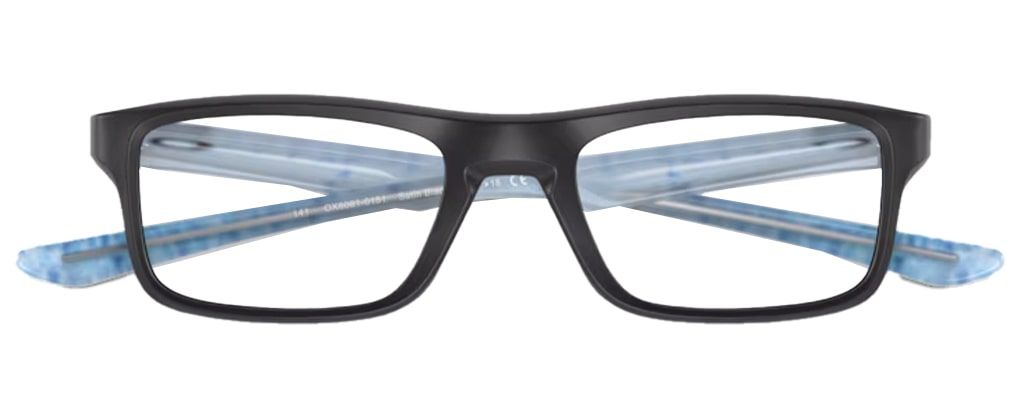 A sporty black rectangular Oakley frame folded up. The bright blue interior is visible.