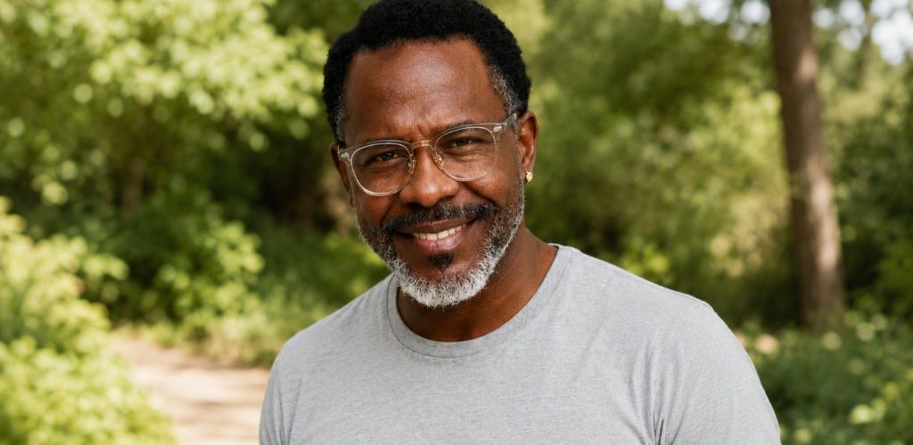 A smiling middle-aged man with short dark curly hair and a salt-and-pepper beard stands outdoors in a lush natural setting. He wears clear-framed square glasses and a light grey t-shirt, with soft sunlight and blurred greenery in the background creating a