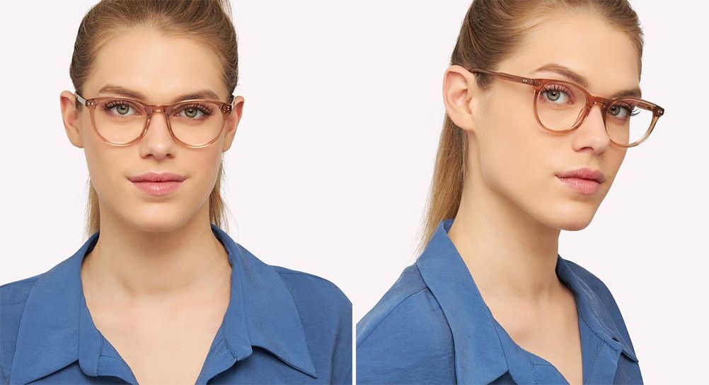 Woman wearing a pair of round nude coloured frames, one image of her looking straight at the camera and the other with her head turned to the right