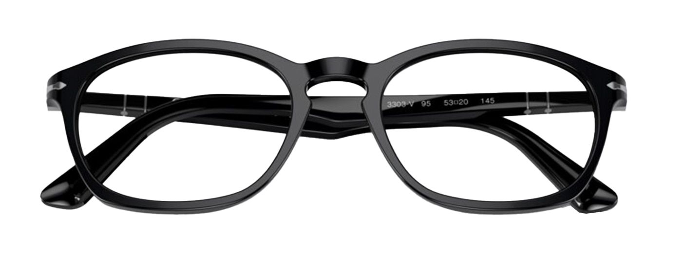 A medium-sized pillow frame made of black acetate, folded up. It features Persol's metal arrow design along each of the temples and has a keyhole bridge.