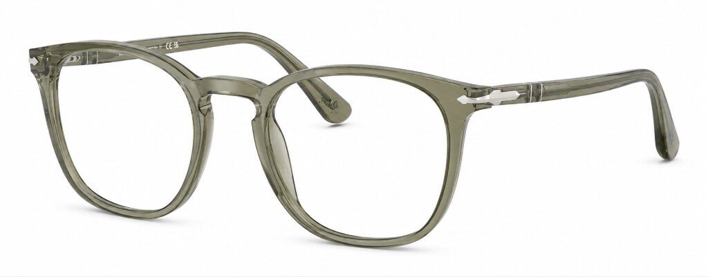 Persol PO3318V large phantos-shaped glasses in transparent olive-green acetate with the iconic Persol sword temple accents, shown from an angled side view against a white background, highlighting a sophisticated autumn-inspired colour and contemporary fin