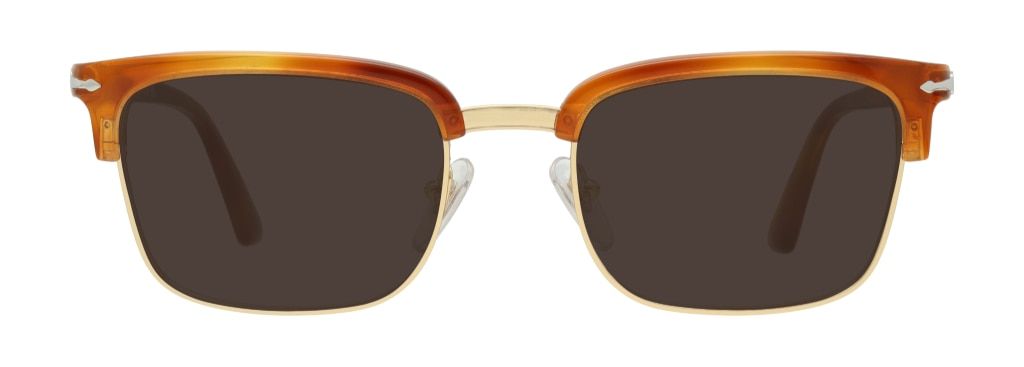 Rectangular Persol sunglasses made of orange Havana acetate at the top and gold metal around the rims and nose bridge. The temples are embellished with the signature silver metal arrow detail.