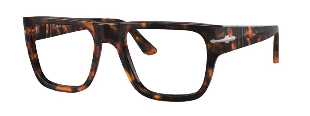 A chunky square Persol frame made of acetate in a brown Havana print. It features the iconic metal arrow design along the temples. The frame is propped open to one side.