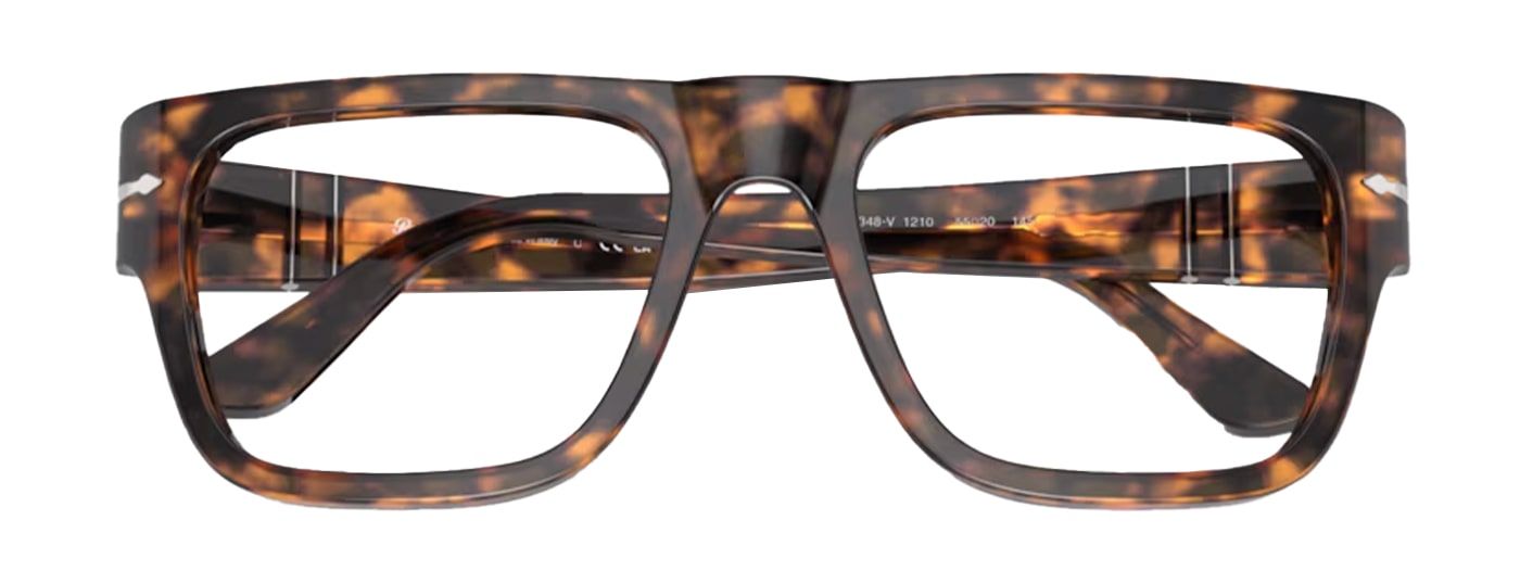 A large square acetate frame in a brown Havana print. It features Persol's iconic metal arrow design along the temples. The frame is in a folded-up position.