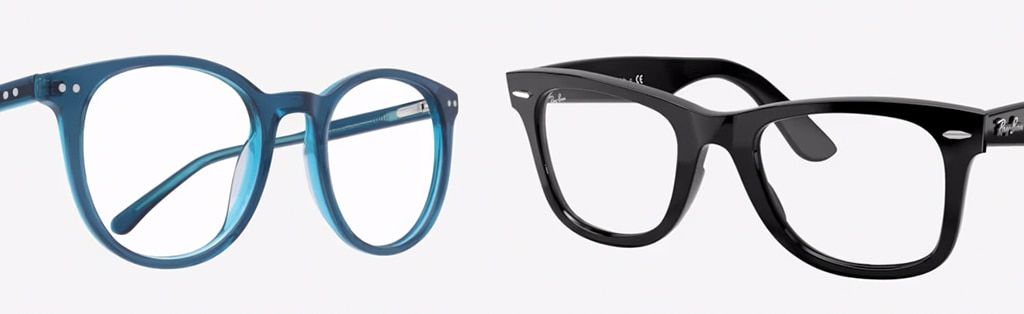 Two pairs of acetate glasses facing inwards, at an angle towards each other. The design on the left is a bright-blue phantos frame made of acetate while the one on the right is a black Ray-Ban Wayfarer frame.