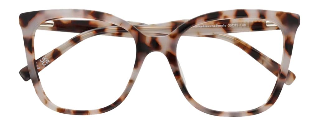 A large cat-eye frame with a bright-pink Havana pattern. The frame is folded up.