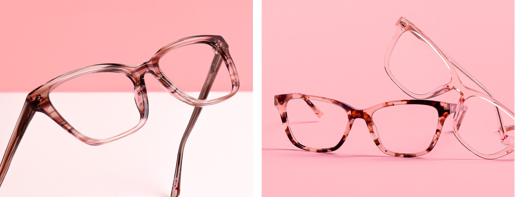 A collage of two images. The first features pink-striped cat-eye frames positioned upwards, set against a white and pink background. The second showcases two pink acetate frames — one in Havana and the other transparent — with the transparent pair restin