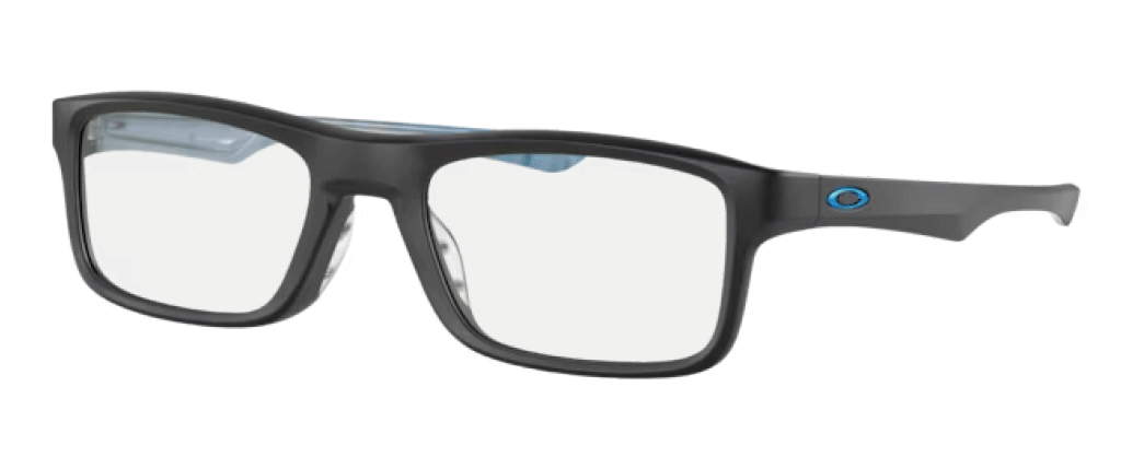 Oakley Plank 2.0 rectangular sunglasses in black with green transitioning lenses.
