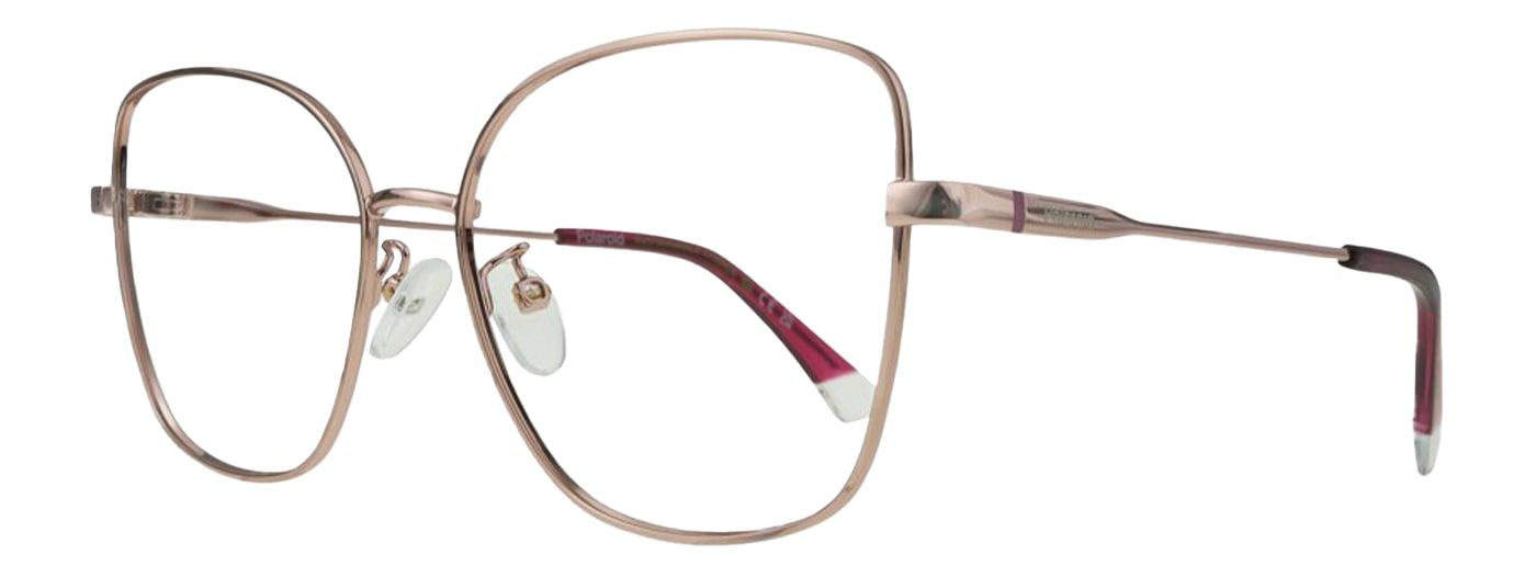 A large metal butterfly-shaped frame with rubber nose pads and purple acetate temple tips. It is propped open to one side.