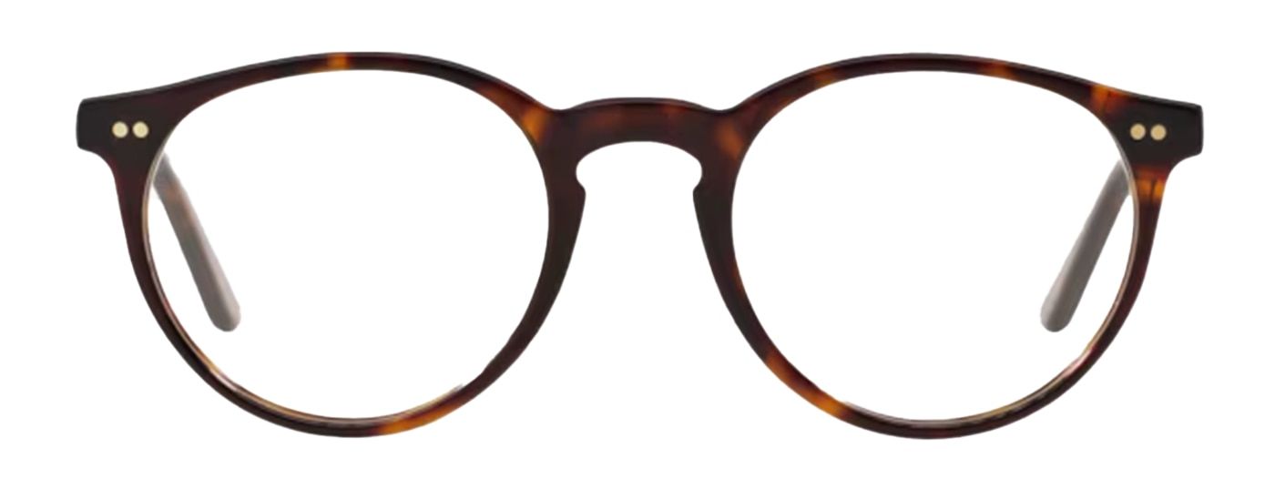 A classic phantos frame crafted from acetate, propped open. It comes in a dark-Havana print and features a spacious keyhole bridge. There is gold pin detailing on the outer edge of each lens.