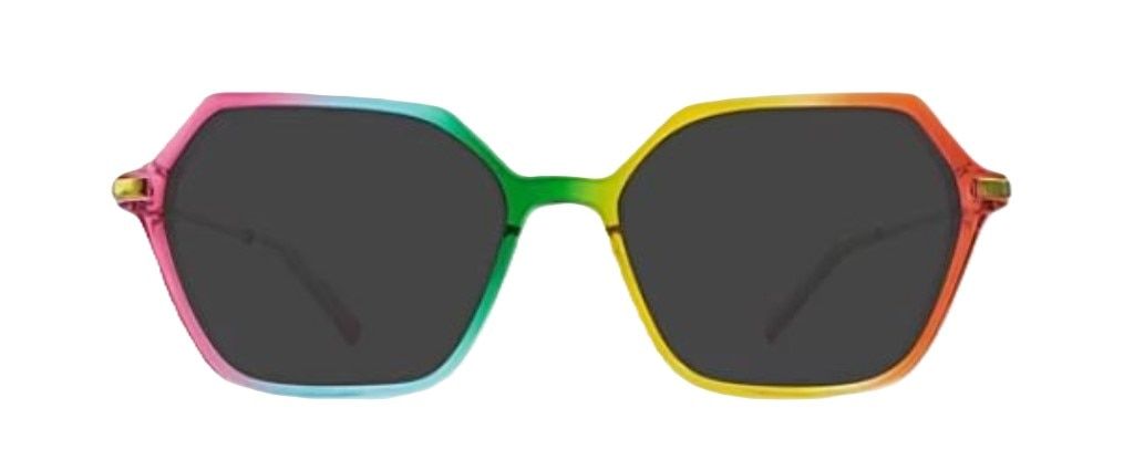 A rainbow-coloured hexagonal sunglasses, made of acetate with gold metal temples.