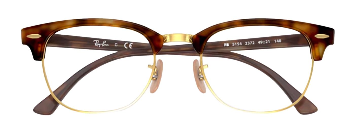 A classic Clubmaster frame with red-Havana acetate at the top and gold metal lining the bottom of the frame. It has clear rubber nose pads and classic metal pin detailing. The frame is folded up.