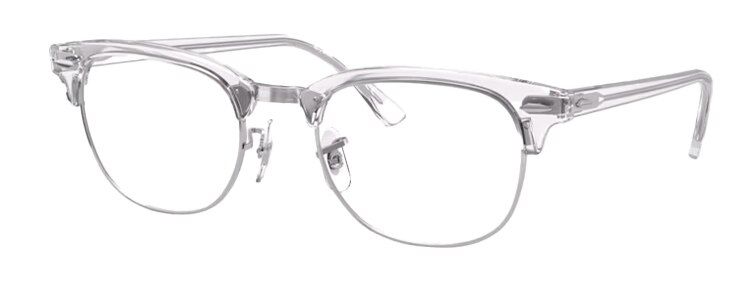 Classic Ray-Ban Clubmaster glasses with a transparent acetate top and metal around the lenses and along the nose bridge. It features adjustable rubber nose pads and signature pin detailing.