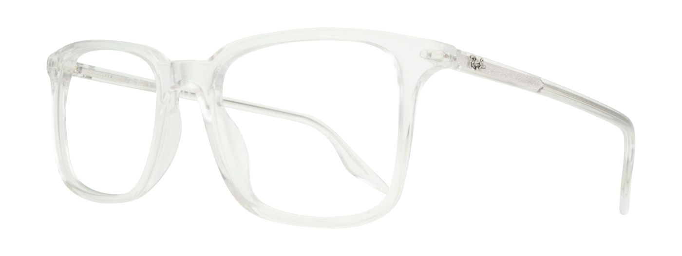 A large pair of rectangular, transparent Ray-Ban glasses. The glasses are positioned at a sideways angle.