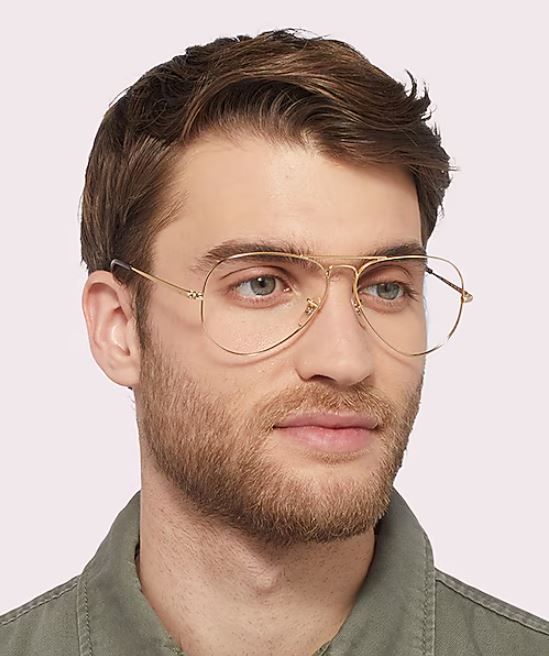 Close-up of a man with short brown hair and light beard wearing gold Ray-Ban aviator glasses with a green shirt, looking slightly to the side against a pale background.