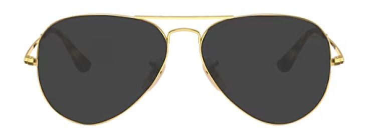Ray-Ban Aviator sunglasses with gold metal frames, adjustable nose pads, and dark tinted lenses.