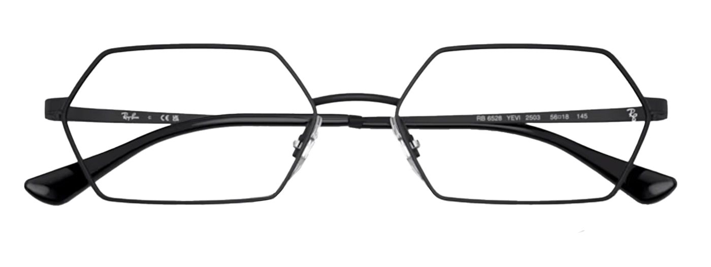 A medium hexagonal-shaped frame made of slim black metal, folded up. It has clear rubber nose pads and shiny black plastic temple tips.