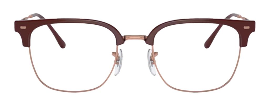 A modernised version of the Ray-Ban Clubmaster, this frame has a classic square shape with ana acetate brow and slim rose-gold metal rims and temples. It comes in a bright Bordeaux colour and has rubber nose pads.
