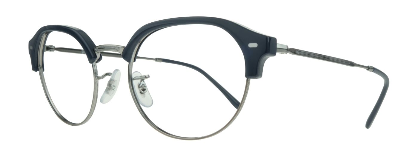 A pair of large irregular-shaped Ray-Ban glasses, made of silver metal with a blue acetate brow. The glasses are at a sideways angle.