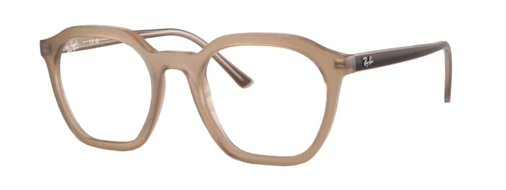 Hexagonal-shaped Ray-Ban glasses which are made of light brown plastic at the front and a darker shade along the temples. The frame is propped open to one side.