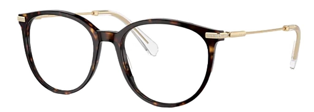 Large Havana Swarovski phantos-shaped glasses, made of acetate at the front and gold-toned metal along the temples. There are small crystals decorating the hinges and temples. The glasses are positioned at an angle.