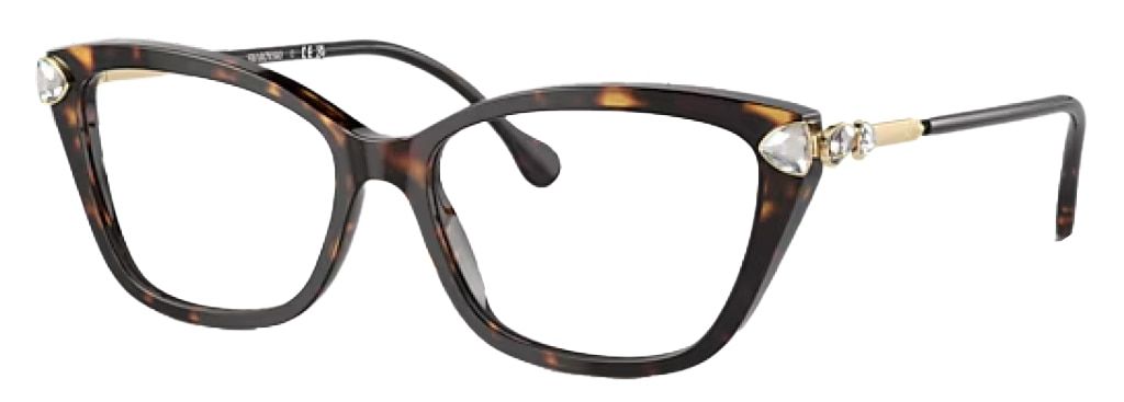 Havana Swarovski cat-eye glasses, made of acetate at the front and gold-toned metal along the temples.  There are crystals on the hinges and temples. The glasses are positioned at an angle.