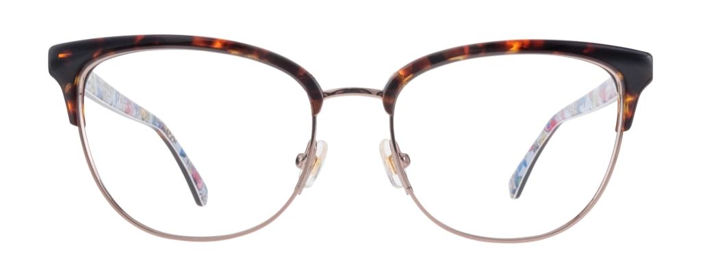 A kate spade new york oval frame made of acetate along the top with sleek metal rims. It comes in a bold tortoise print with a contrasting floral pattern visible on the inside.