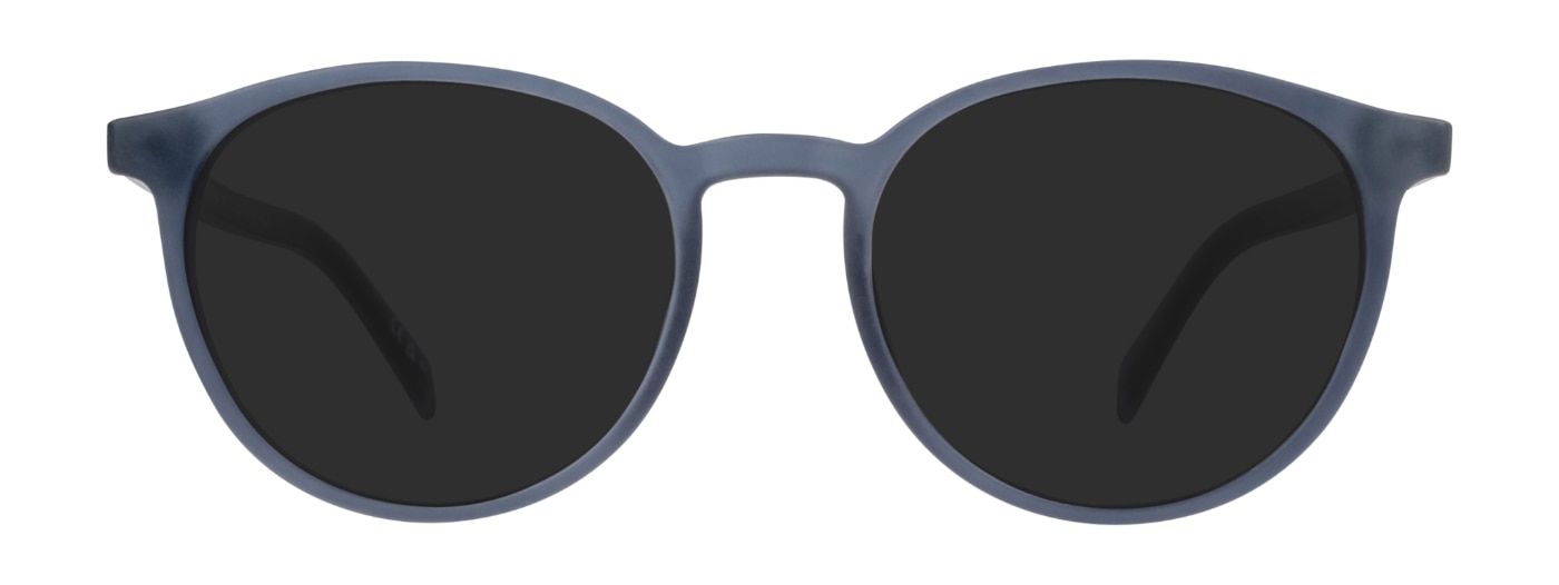 A pair of phantos-shaped Levi's sunglasses, made of blue plastic. They have a bright yellow stripe along the temples.