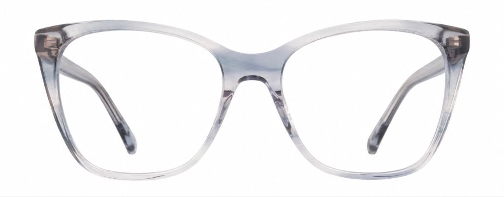 Front view of a pair of eyeglasses with a softly upswept cat-eye frame in a translucent blue-and-grey marbled pattern. The frame features clear lenses and gently rounded edges, creating a modern, elegant look. Alice in Wonderland.