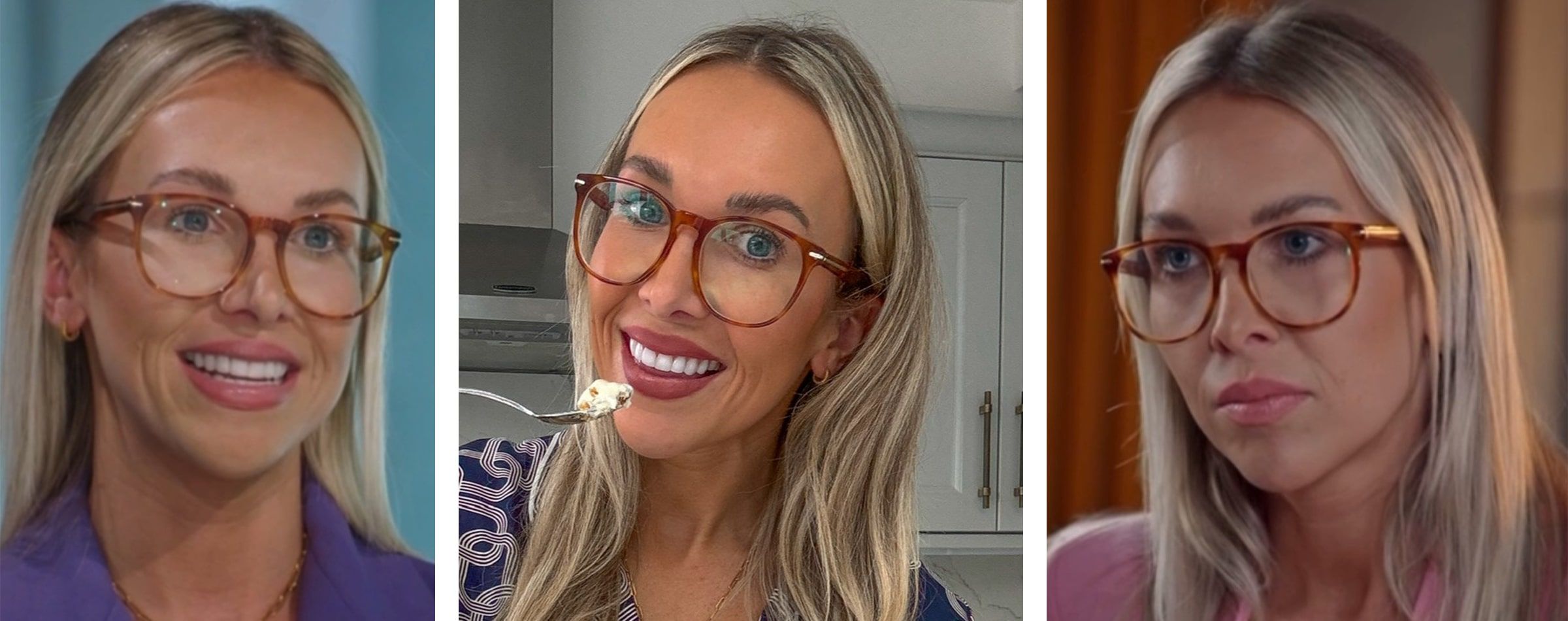 Woman in 3 different photos wearing a pair of orange round frames