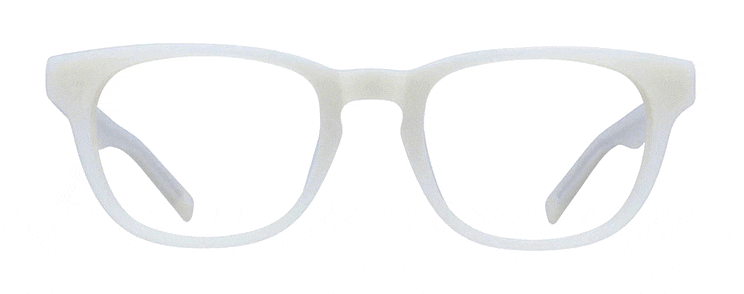 Rectangular, white GD Collection frames transitioning from clear to Sapphire Transitions tint