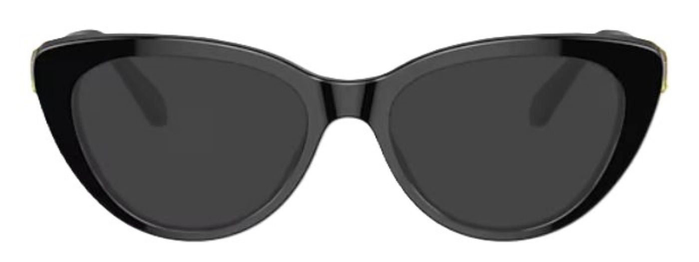 Small black Swarovski cat-eye sunglasses, made of acetate with a large green jewel embellishment.