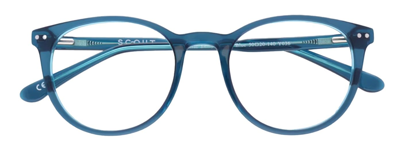 A bright-blue phantos frame made of acetate. The frame is folded up.