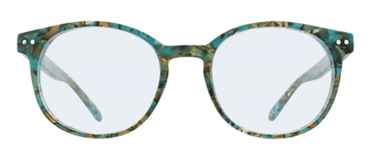 A pair of large round acetate sunglasses with sapphire Transitions® GEN S™ lenses. The frame is a unique blend of blue, green and bronze.