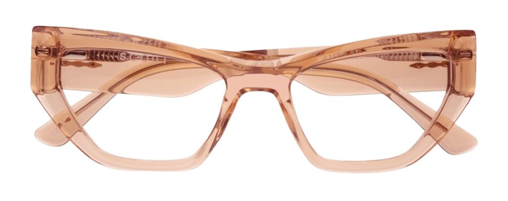 A transparent peach-coloured acetate frame with an angular cat-eye silhouette, folded up.
