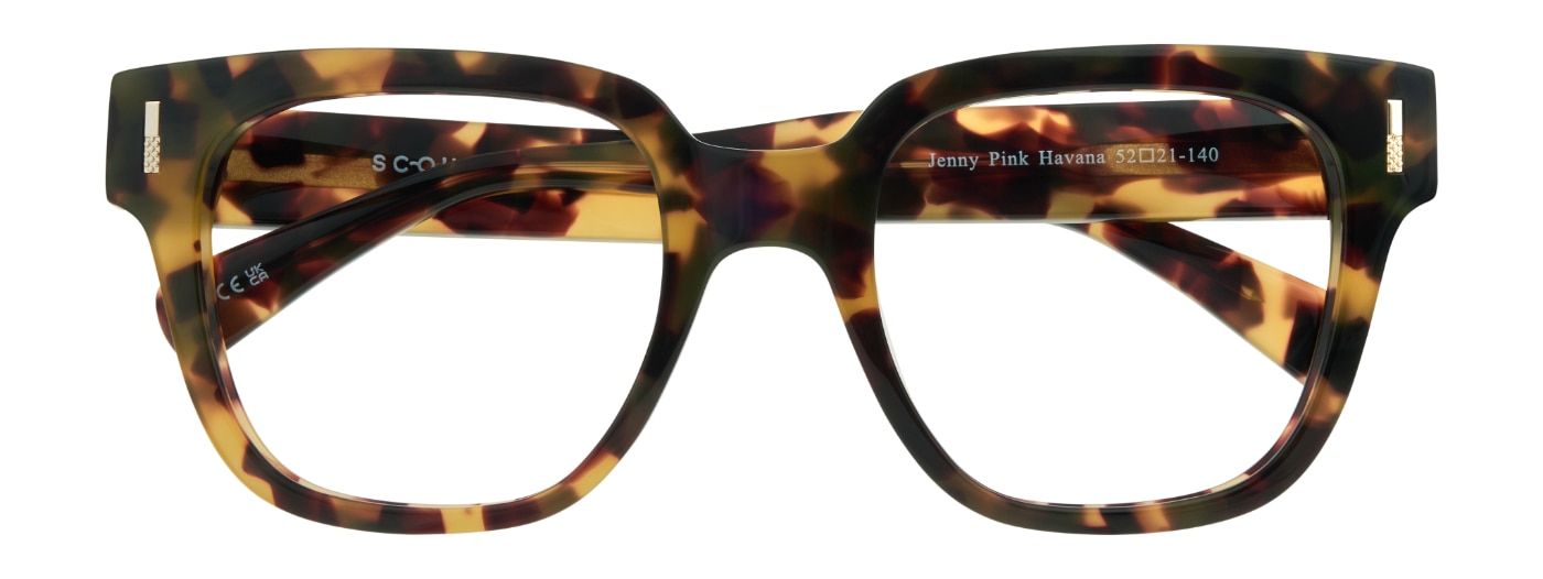A large square acetate frame in a bright Havana print. The frame is folded flat.