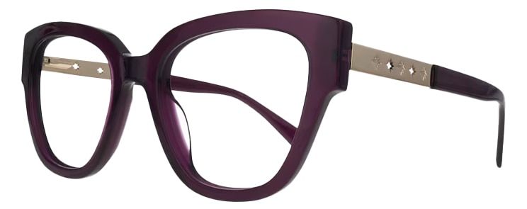 A large dark-purple cat-eye frame made of acetate. The frame is positioned at an angle, so you can see that it has a gold metal accent which is embellished with an intricate star-shaped design.