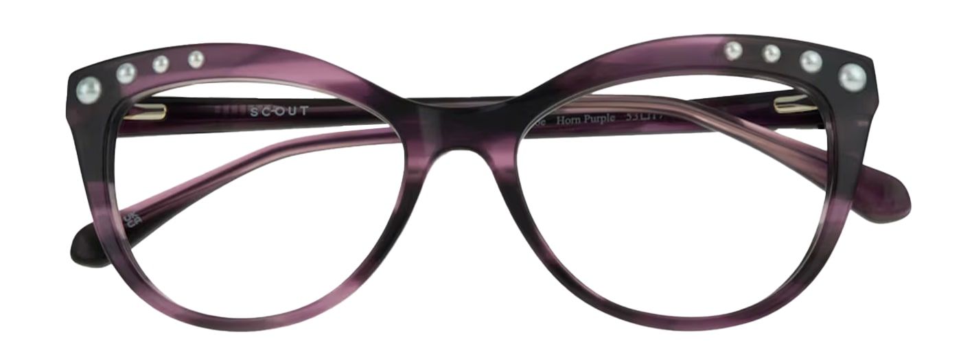 A purple-patterned acetate frame with a classic cat-eye shape. It is decorated with a row of pearls on either corner and is neatly folded up.