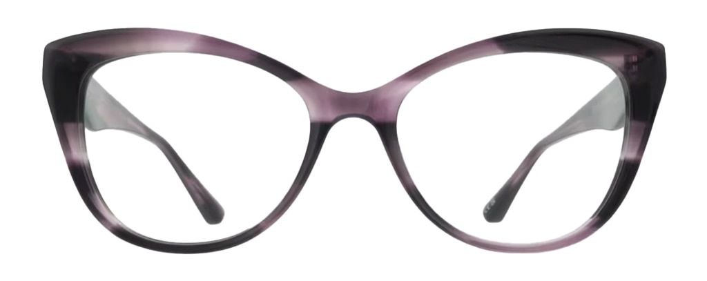 A small acetate frame with a classic cat-eye shape. It has a purple and black horn print and features subtle bevelled temples.