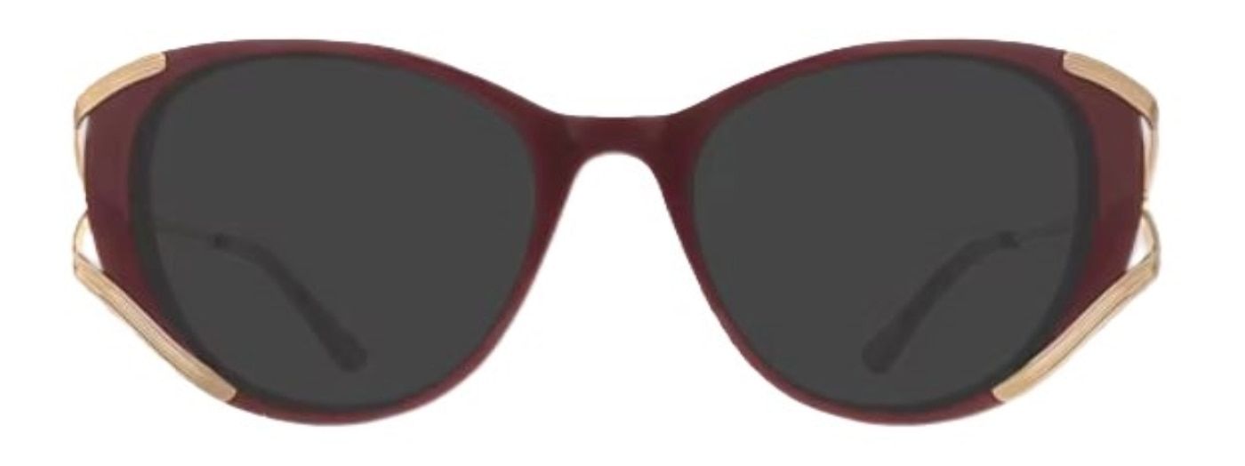 Cat-eye sunglasses with gold temples and a red acetate front.