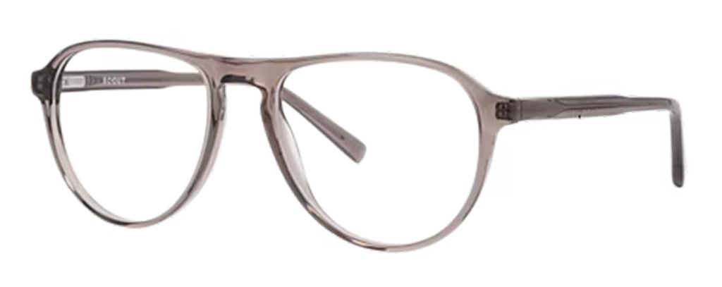 A pair of large pilot frames in crystal-grey bio-acetate, positioned to one side.