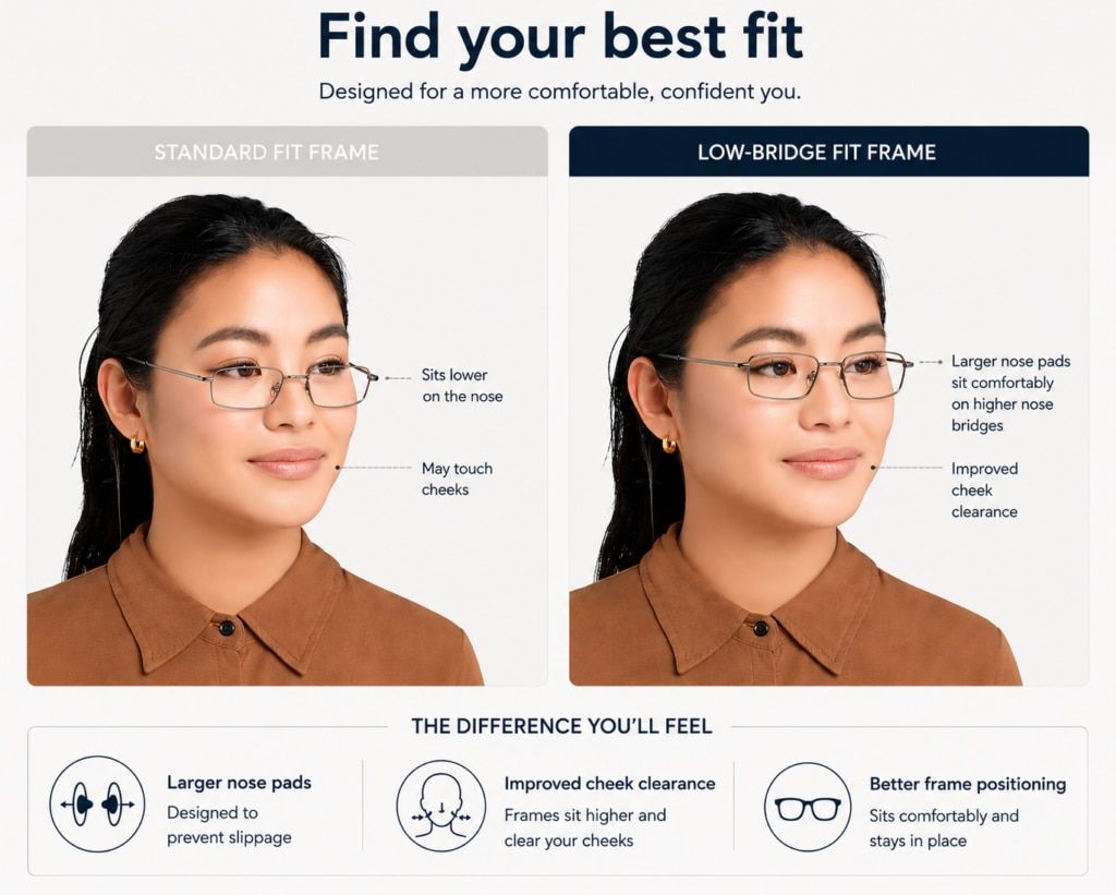 Comparison showing a woman with her dark hair tied in a ponytail wearing a standard fit frame versus a low-bridge fit frame, highlighting improved cheek clearance, larger nose pads, better frame positioning, and a more secure fit with low-bridge glasses.