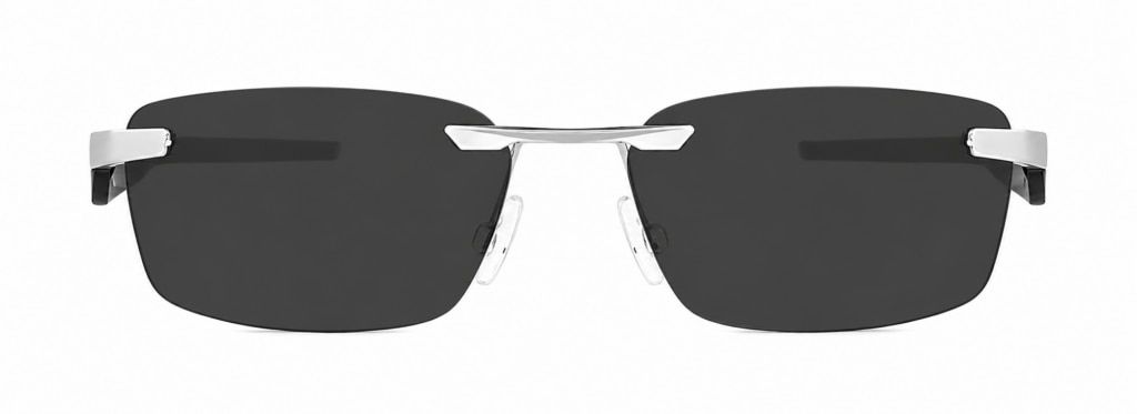 Oakley® Steakhouse 1.0 rimless rectangular sunglasses with metal bridge and black sculpted temples.