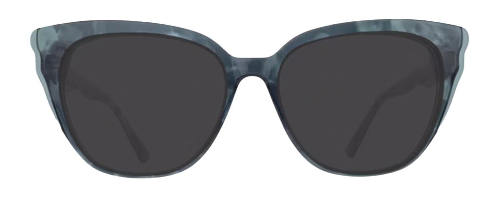 Dark-green acetate sunglasses with a distinctive cat-eye silhouette. The frame has very peaked corners and transparent-green accents around the lens and temples which further emphasise the shape.