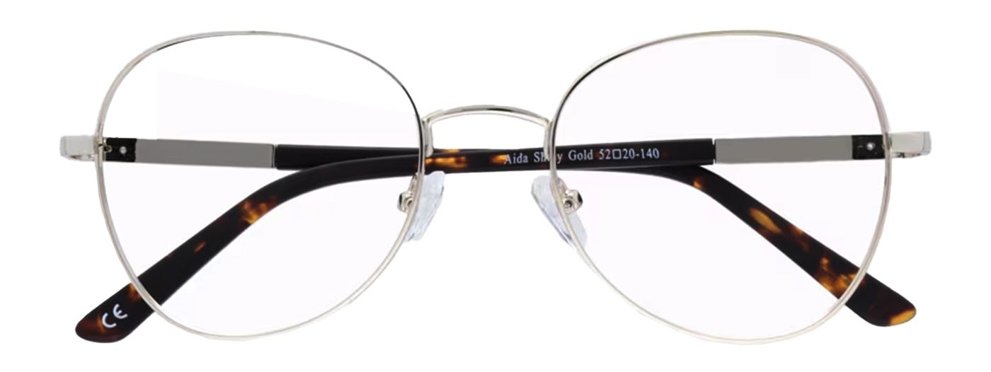 A large shiny-gold metal round frame, folded up. The lenses are a unique teardrop shape and the frame has clear rubber nose pads attached. The tips of the temples are lined with tortoiseshell plastic.