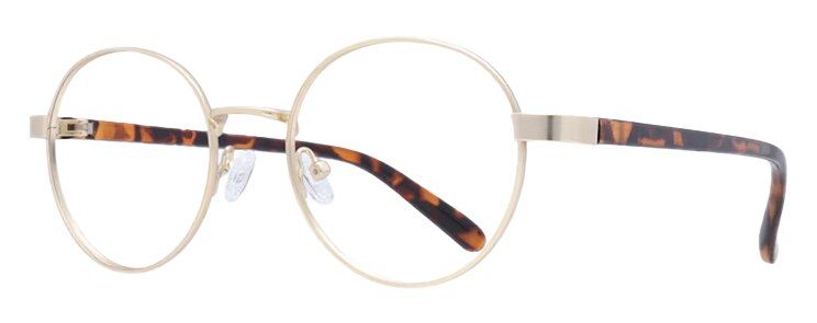 A retro-style gold metal frame with a classic round shape and rubber nose pads. It has a bold tortoiseshell print along the temples which you can see clearly as the frame is positioned to one side.