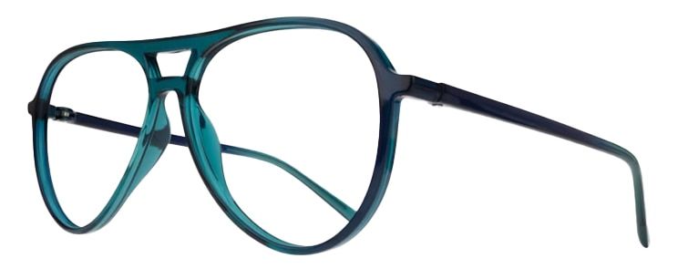 A large pilot-style acetate frame positioned to one side. It is a gradient blue and green colour.
