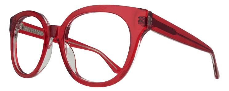 An extra-large crimson red acetate frame with a cat-eye silhouette. The frame is positioned at an angle.