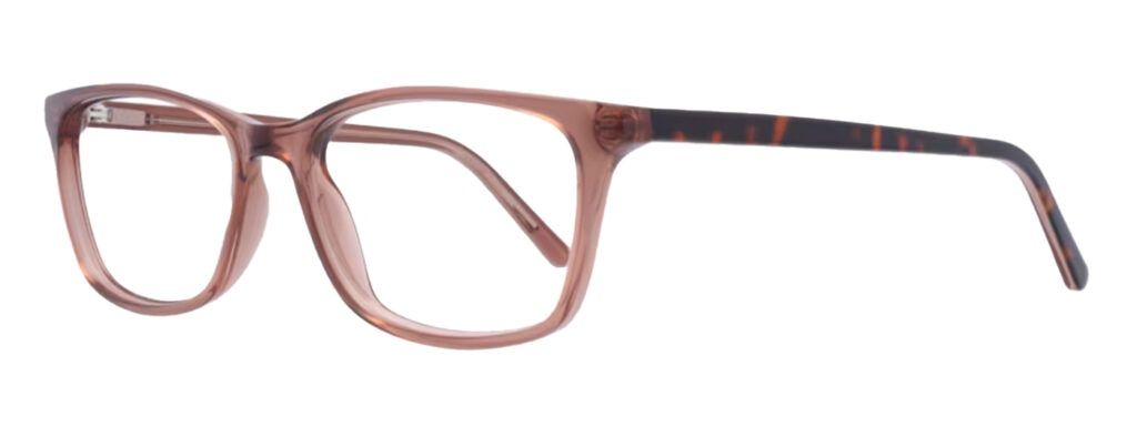 Slim rectangular glasses made of acetate which are light-brown at the front with tortoiseshell temples.